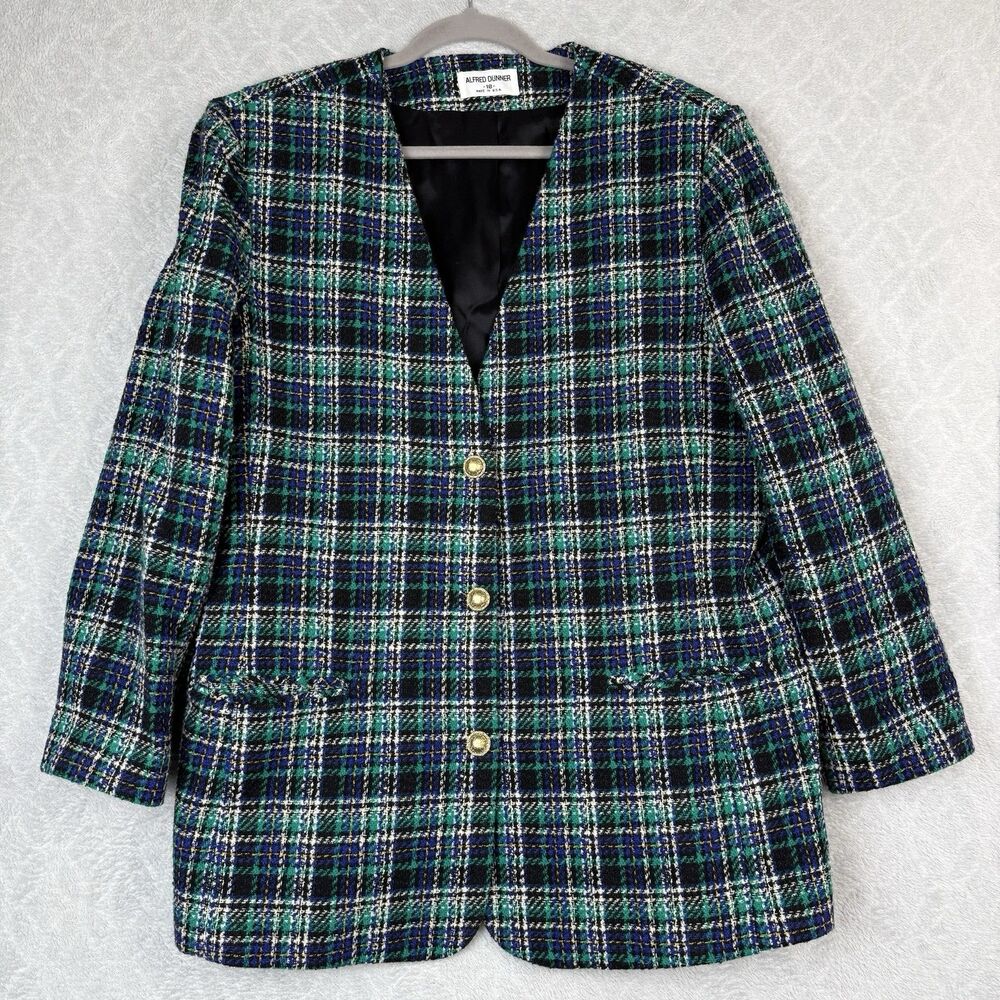 Vtg Collarless Blazer Jacket Women 18 Plaid Wool Blend Old Money Academia Preppy